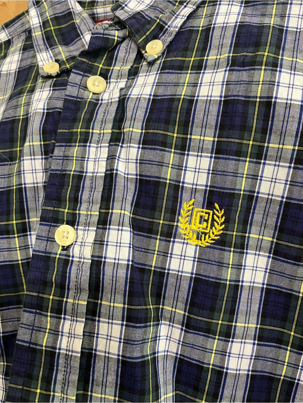 Chaps Boys Size 7 Christmas Plaid Button-Down Shirt in Blue, White & Yellow 🎄